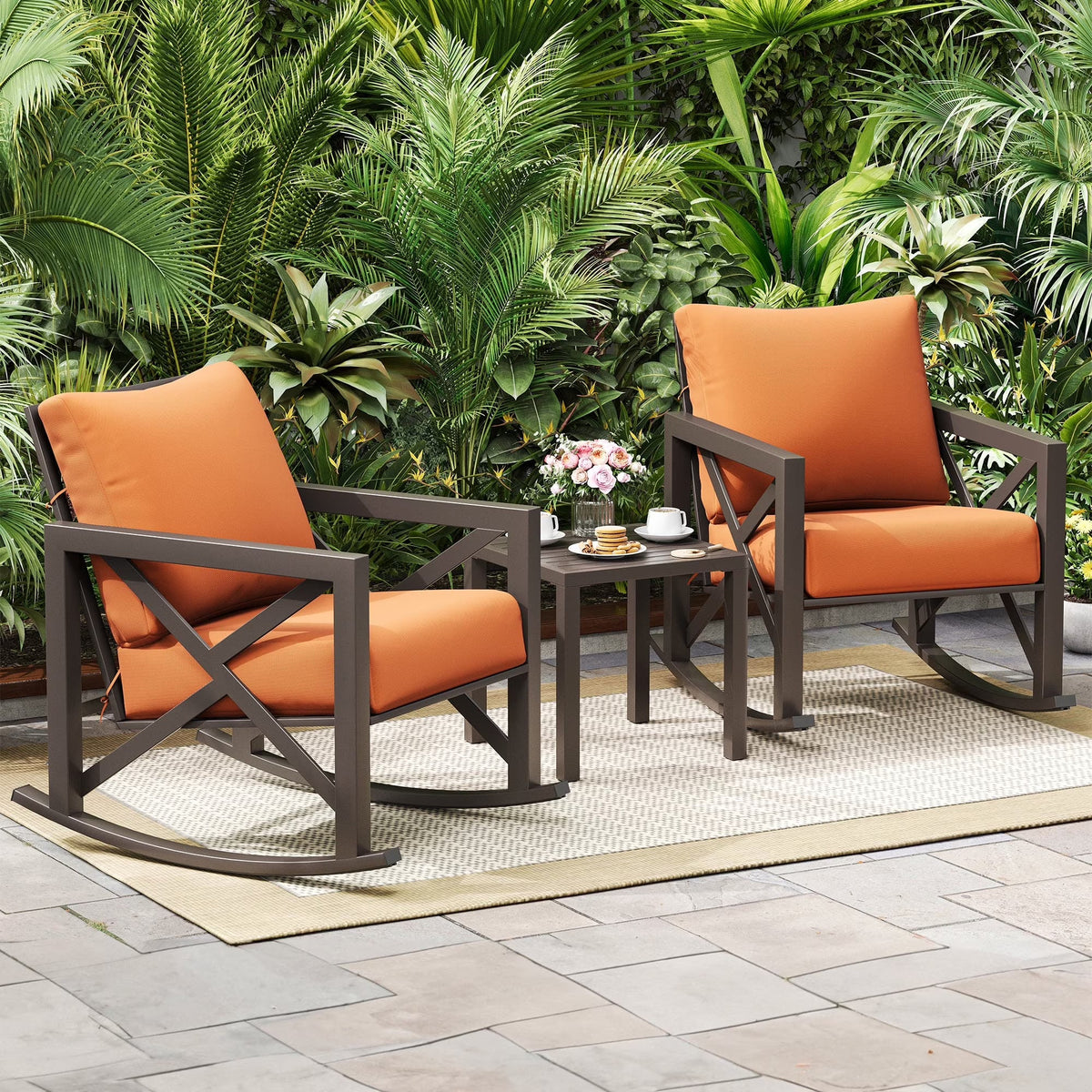 2026 NEW MRUAKA Rocking Chair Bistro Set,3 Piece Outdoor Patio Furniture Set with 2 Rockers and 1 Metal Coffee Table with Thick Cushions for Porch,Backyard,Poolside,Beige