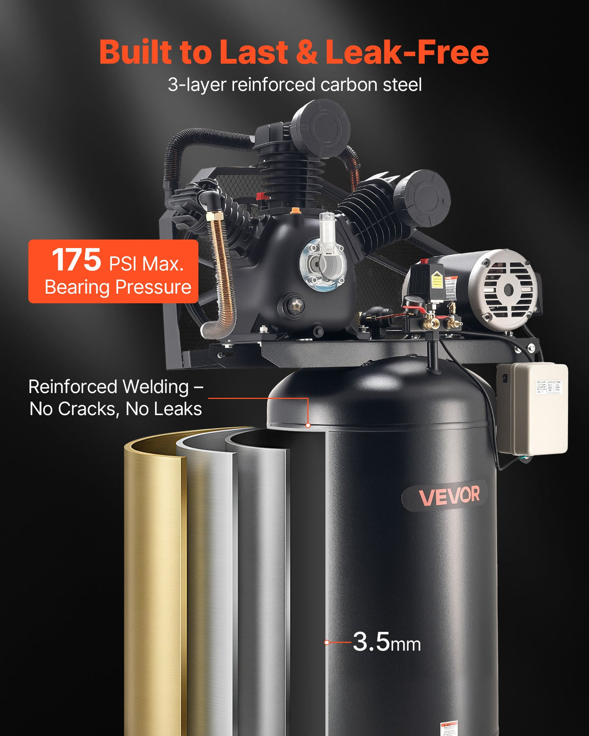 2026 NEW VEVOR 80 Gallons Heavy-Duty Air Compressor, 10HP 17 SCFM at 90PSI Air Compressors Max 175PSI, Oil-Lubricated Compressor Tank(230V 3-Phase, No Plug)