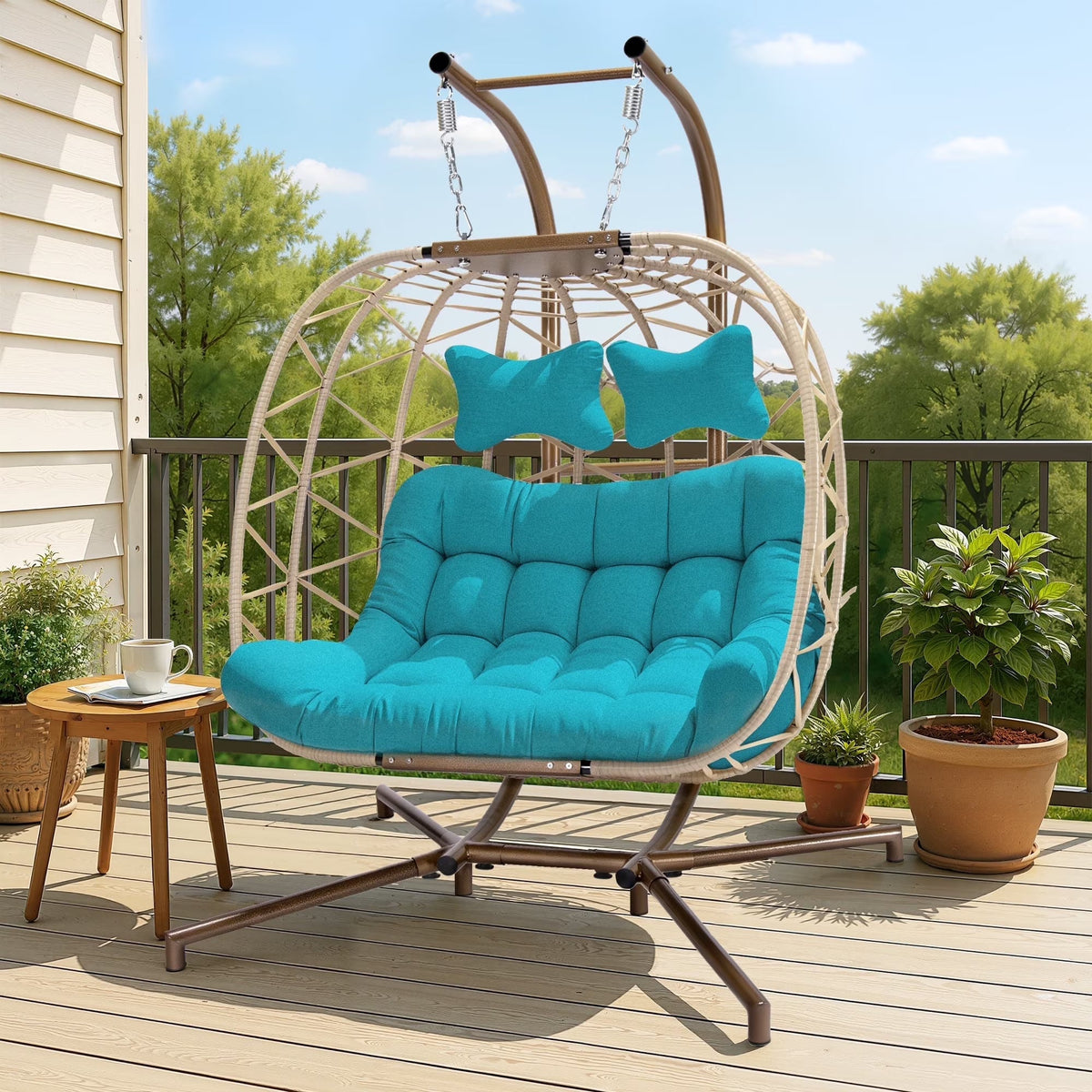 2026 NEW RADIATA Double Wicker Egg Swing Chair with Stand, 2-Person Hanging Egg Chair for Indoor/Outdoor, 700lbs Capacity, Thick Cushions & Headrest,Sturdy Metal Frame"Dark Gray
