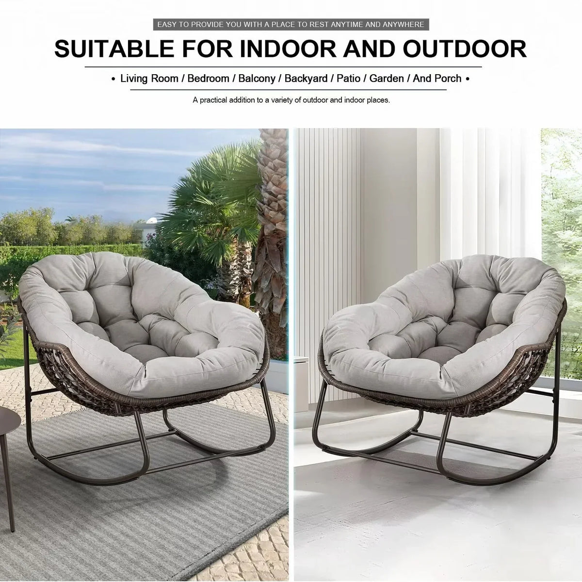 2026 NEW Outdoor Papasan Rocking Chair, Patio Oversized Wicker Egg Rocking Chair, Indoor & Outdoor Comfy Rocker Chair with Thick Cushion, Modern Lounge Chair for Front Porch, Garden, Backyard, Grey