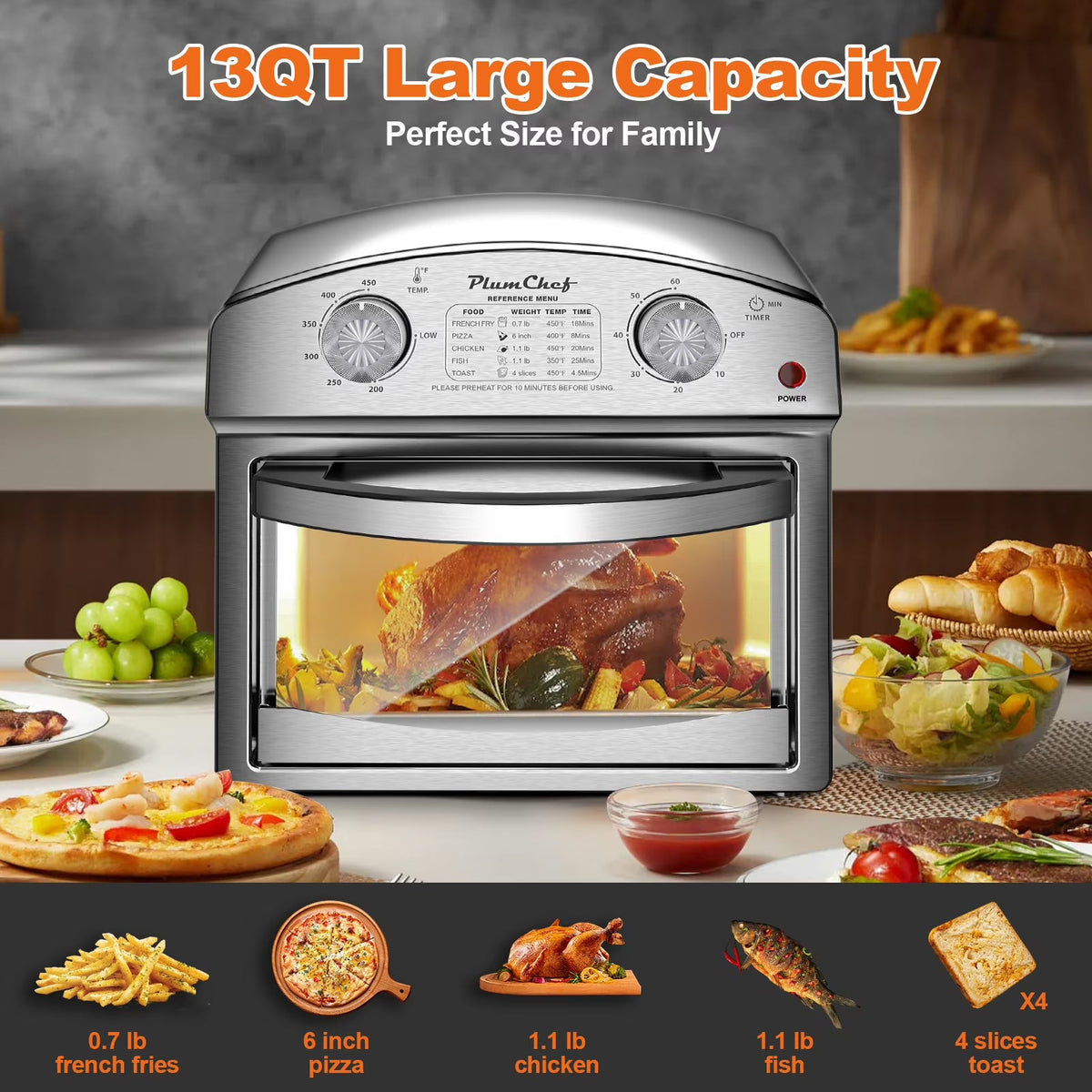 2026 NEW PlumChef 13 Quart 4 Slices Air Fryer Convection Toaster Oven, 1500W, 7 in 1 Multifunction with Roast, Bake, Grill, Broil, Toast, Dehydrate, Defrost