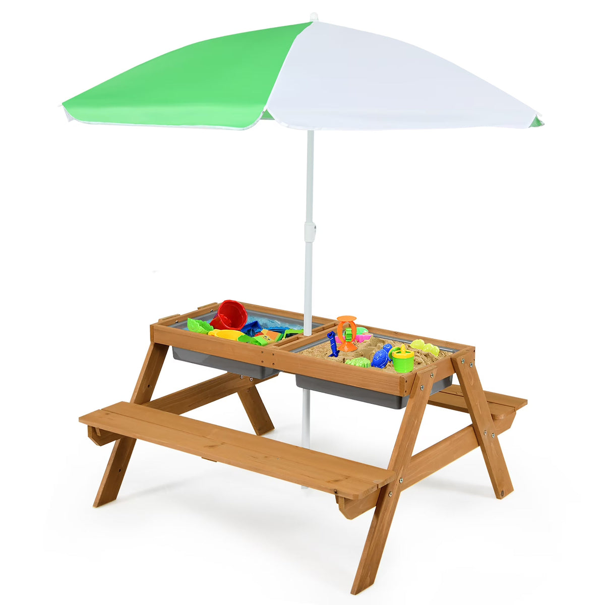 2026 NEW Costway 3-in-1 Kids Picnic Table Wooden Outdoor Sand & Water Table with Umbrella Play Boxes Green