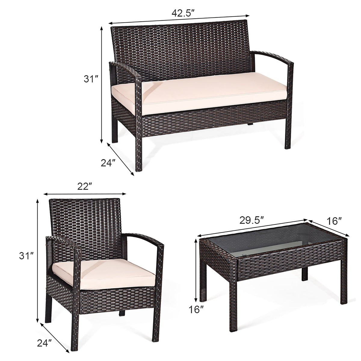 2026 NEW Costway 4PCS Patio Rattan Conversation Furniture Set Cushioned Seat Glass Table