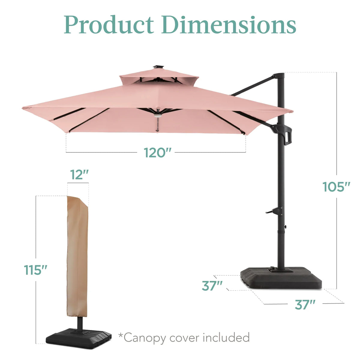 2026 NEW Best Choice Products 10x10ft 2-Tier Square Outdoor Solar LED Cantilever Patio Umbrella w/ Base Included - Tan