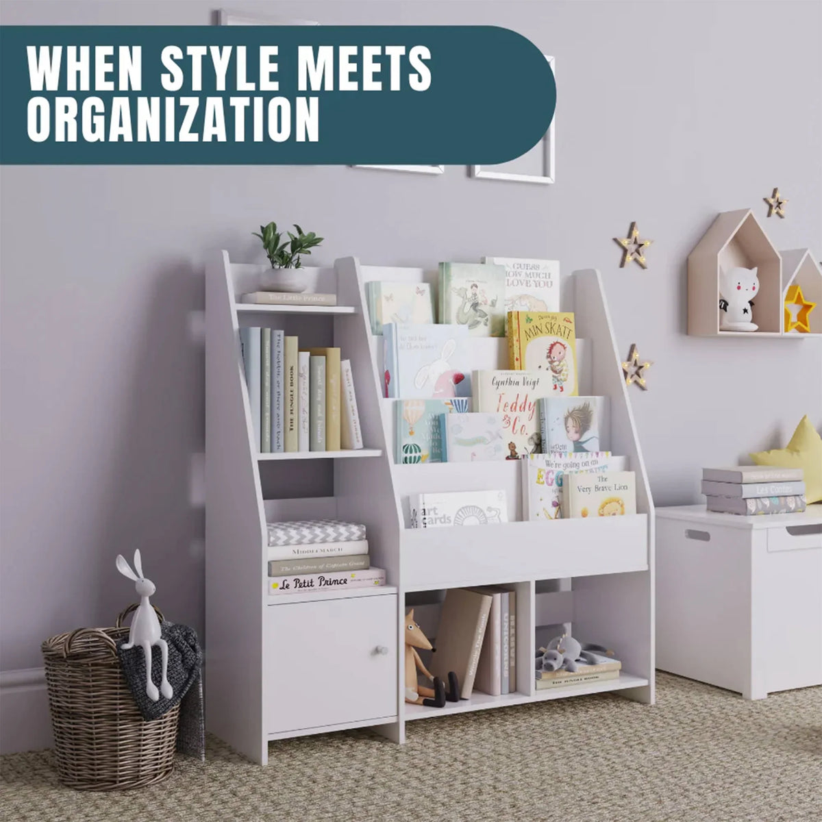 2026 NEW Sturdis Kids Toy Storage Organizer With Bookshelf and White Bins