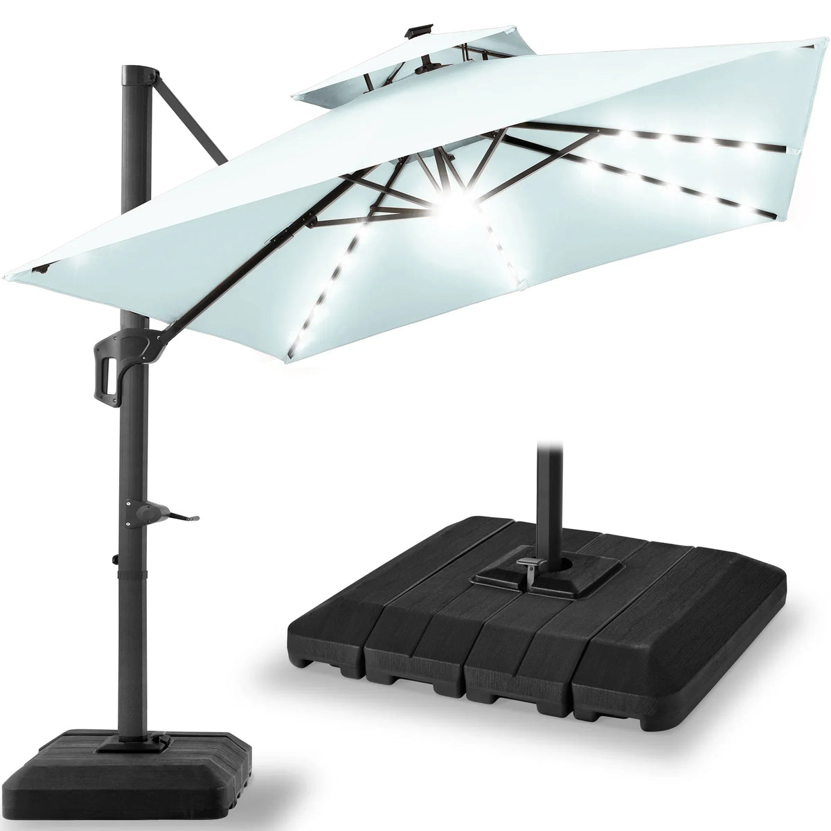 2026 NEW Best Choice Products 10x10ft 2-Tier Square Outdoor Solar LED Cantilever Patio Umbrella w/ Base Included - Tan