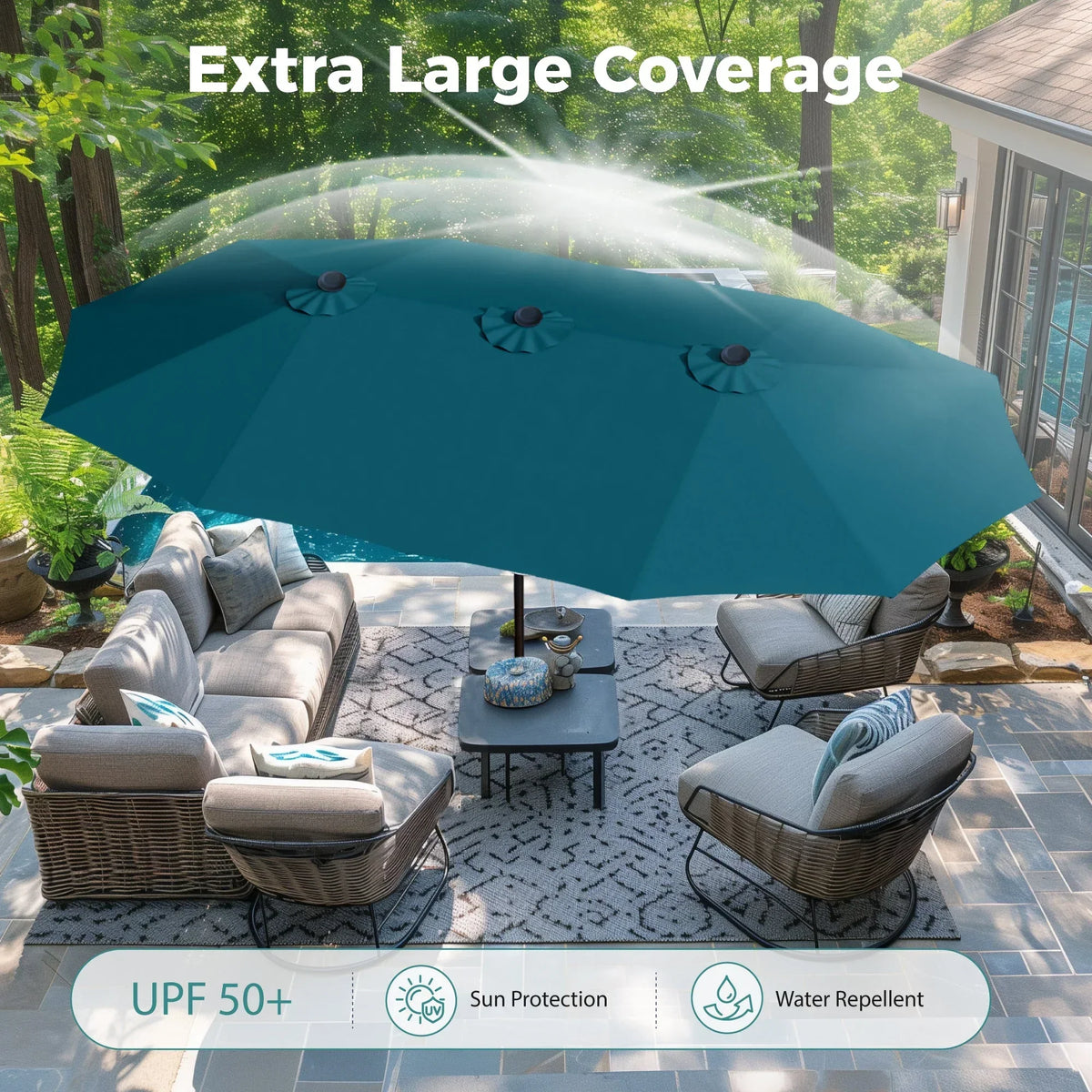 2026 NEW Alpha Joy 15ft Outdoor Patio Umbrella Extra-Large Double-Sided Garden Umbrella with Crank Handle and Base - Smoky Gray