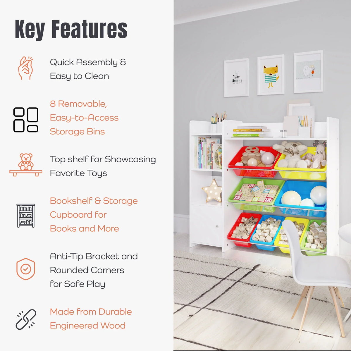 2026 NEW Sturdis Kids Toy Storage Organizer With Bookshelf and White Bins