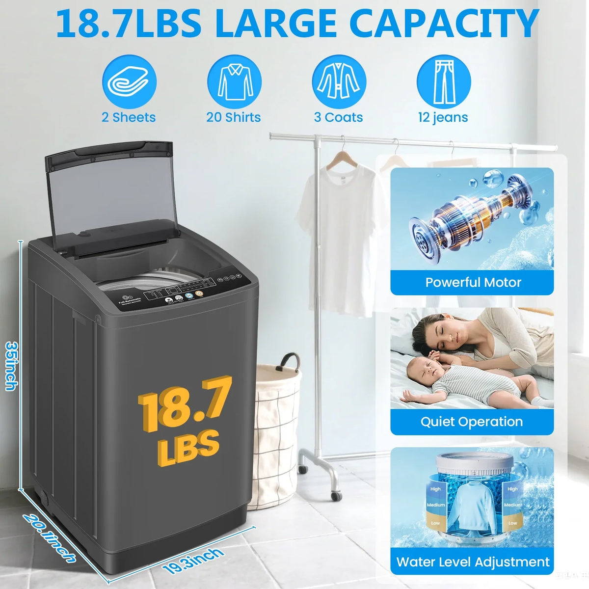 2026 NEW Veeboto Portable Washing Machine, 18.7Lbs Capacity Portable Washer with Drain Pump, 10 Wash Programs/8 Water Levels/LED Display, Full-Automatic Compact Laundry Washer for Apartment, Dorm, Home