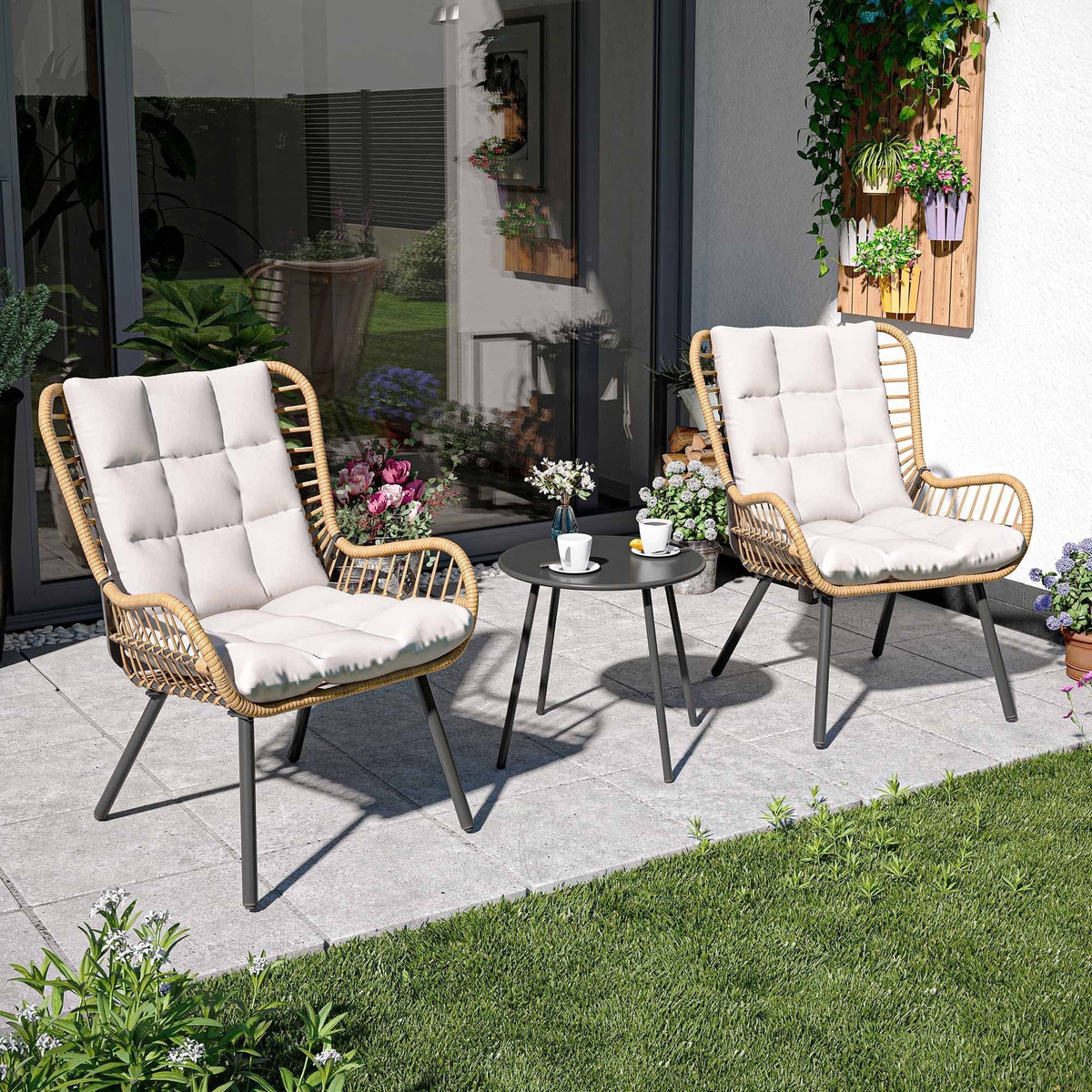 2026 NEW LAUSAINT HOME 3-Piece Patio Furniture Set, High Back Outdoor Bistro with Coffee Table & Beige Cushions for Garden or Deck