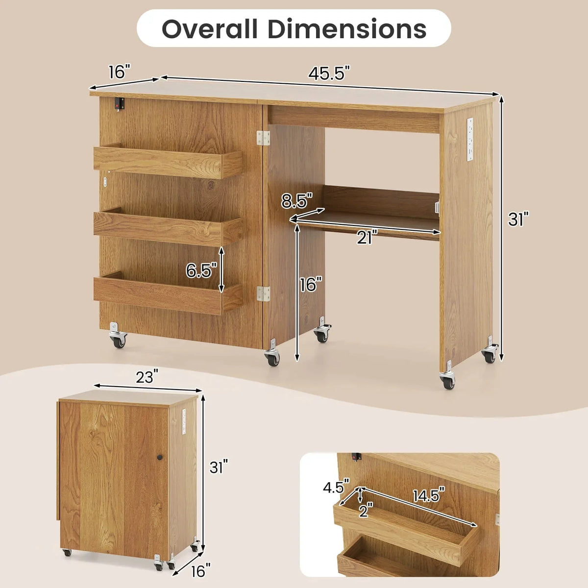 2026 NEW Costway Folding Sewing Table Rolling Craft Station with 3 Storage Bins & Charging Station Natural