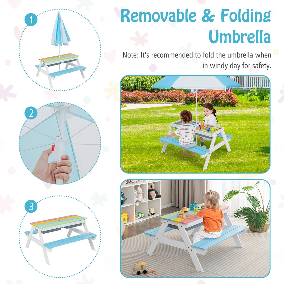 2026 NEW Costway 3-in-1 Kids Picnic Table Wooden Outdoor Sand & Water Table with Umbrella Play Boxes Green