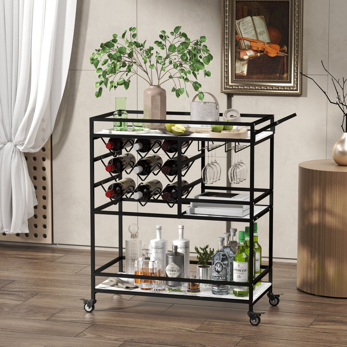 2026 NEW WHIFEA 3-Tier Home Bar Cart with Wine Rack, Mobile Serving Wine Cart on Wheels, Modern Rolling Drink Trolley for Coffee Tea Wine