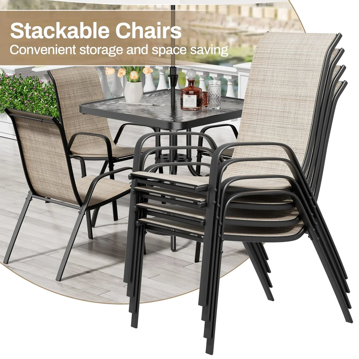 2026 NEW Pirecart 5-Piece Outdoor Patio Dining Table Set with 4 Stackable Textilene Chairs for for Patio, Lawn, Garden, Gray