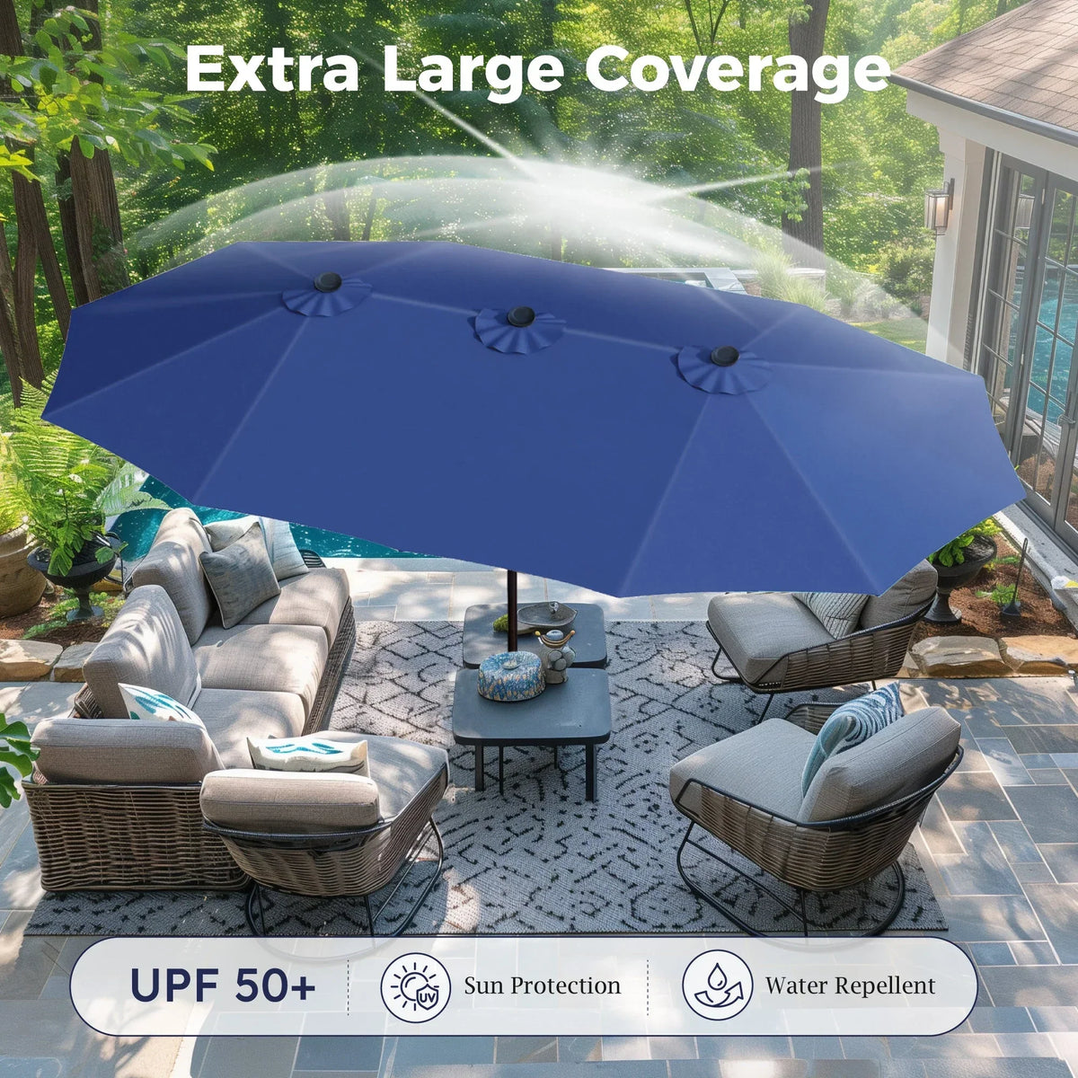 2026 NEW Alpha Joy 15ft Outdoor Patio Umbrella Extra-Large Double-Sided Garden Umbrella with Crank Handle and Base - Smoky Gray