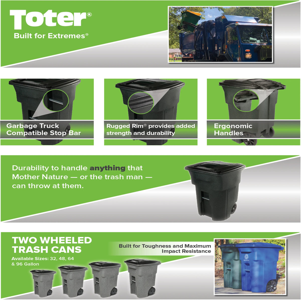 2026 NEW Toter Trash Can Greenstone With Wheels And Lid, 96 Gallon
