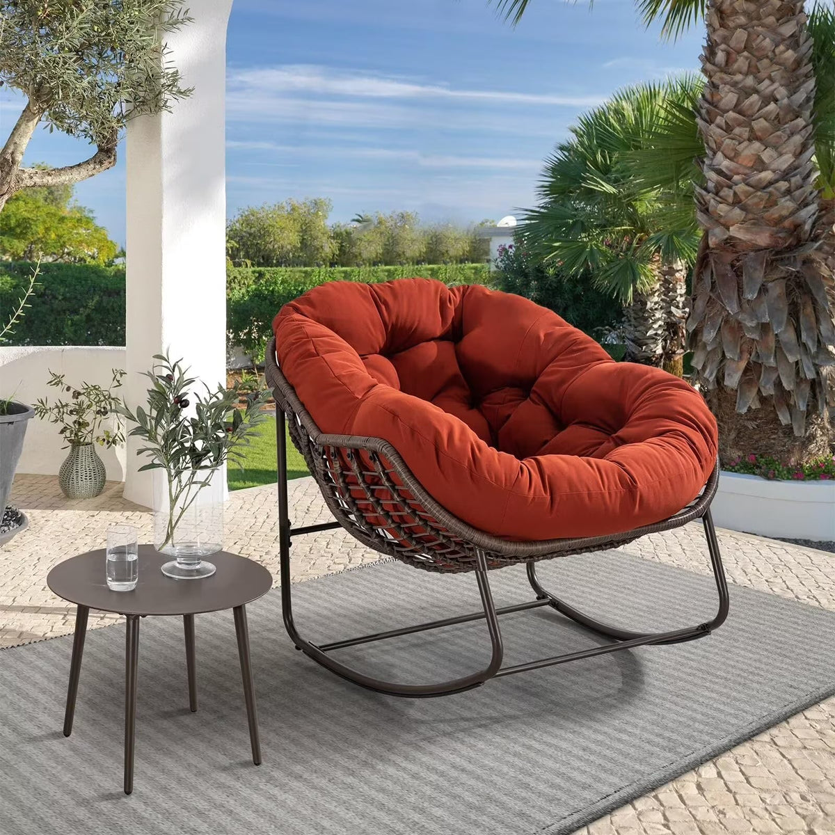 2026 NEW Outdoor Papasan Rocking Chair, Patio Oversized Wicker Egg Rocking Chair, Indoor & Outdoor Comfy Rocker Chair with Thick Cushion, Modern Lounge Chair for Front Porch, Garden, Backyard, Grey