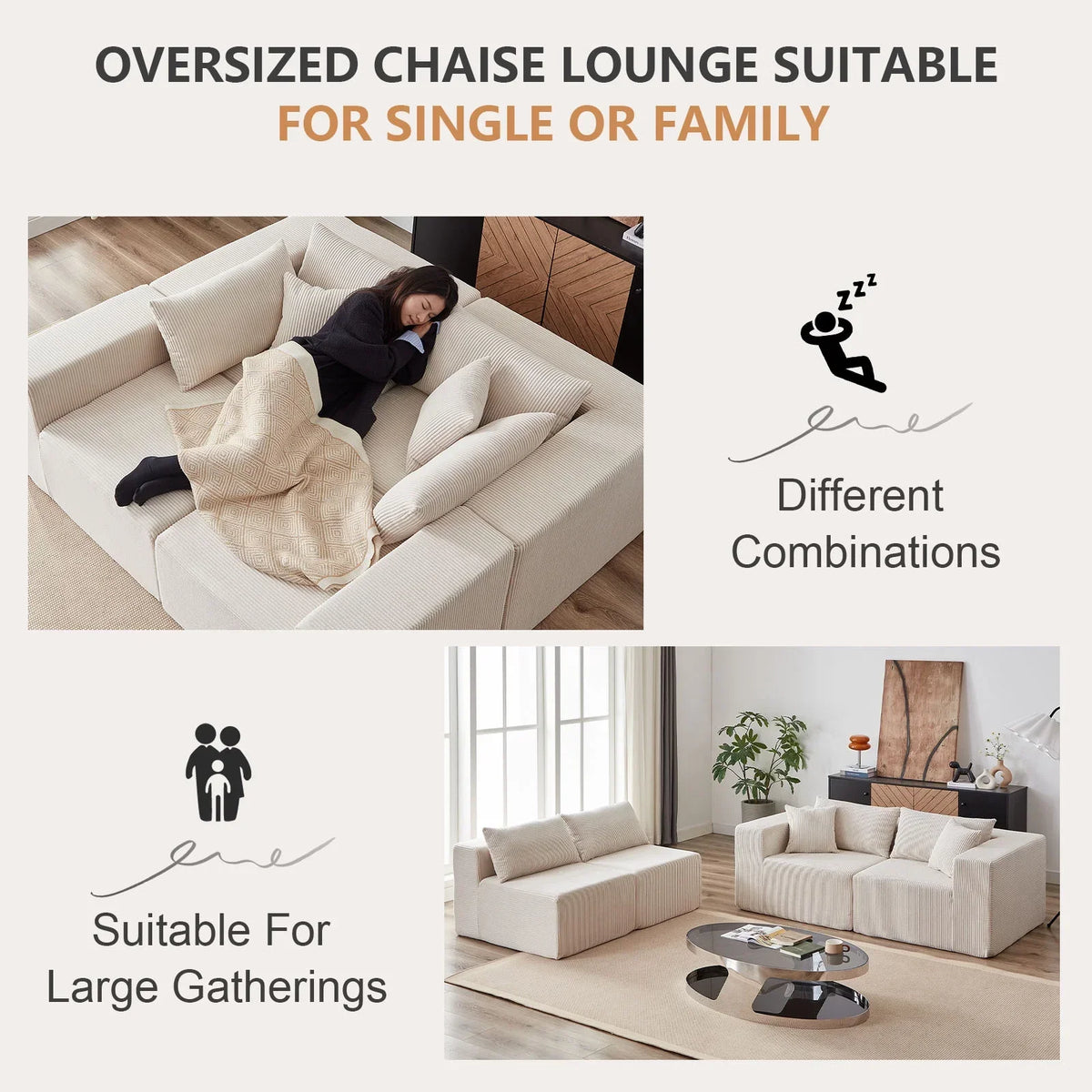 2026 NEW 104-Inch Corduroy Modular L Shaped Sectional Sofa,Luxury Floor Couch Set,Upholstered Indoor Furniture,Foam-Filled Compressed Sofa for Living Room,Bedroom,4 PC Free Combination