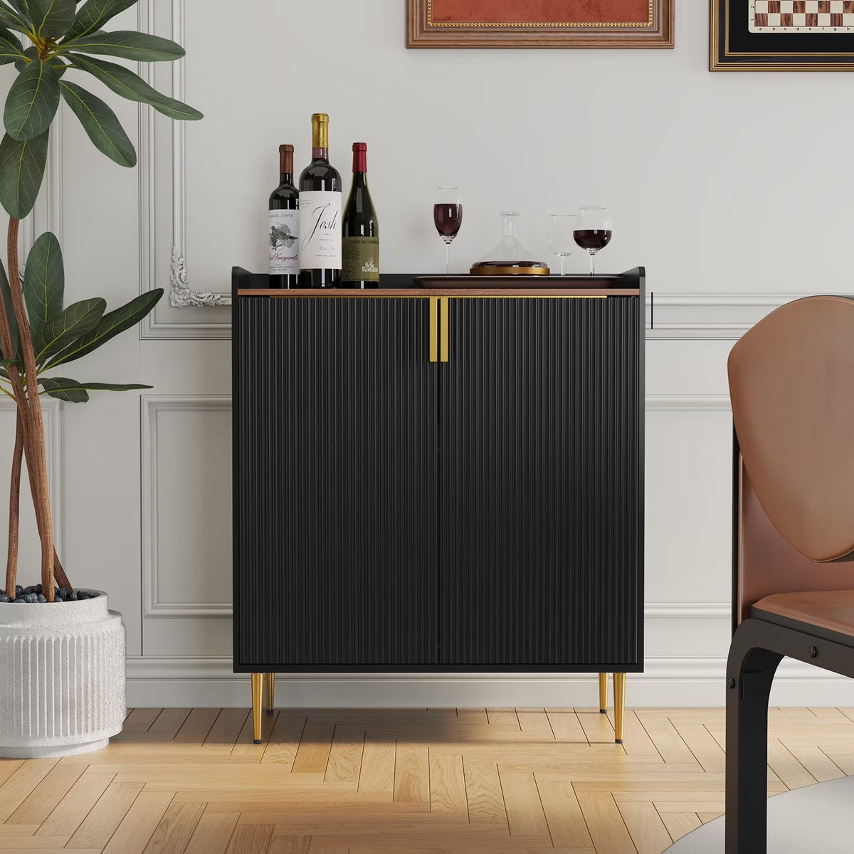 2026 NEW CBJCBJ 32" Wine Bar Cabinet with 2 Door Fluted Texture, Modern Coffee Cabinet with Rack&Glass Holder, Black