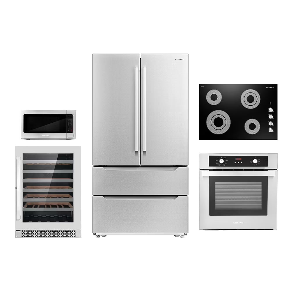 2026 NEW Cosmo 5 Piece Kitchen Appliance Package With 30" Electric Cooktop 24" Single Electric Wall Oven 30" Over-the-range Microwave French Door Refrigerator & 24" Built-in Fully Integrated Dishwasher