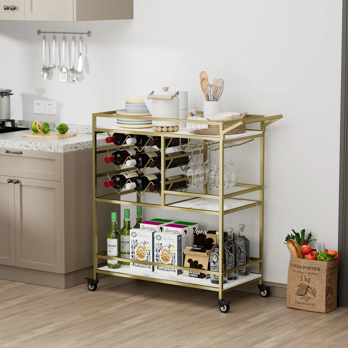 2026 NEW WHIFEA 3-Tier Home Bar Cart with Wine Rack, Mobile Serving Wine Cart on Wheels, Modern Rolling Drink Trolley for Coffee Tea Wine