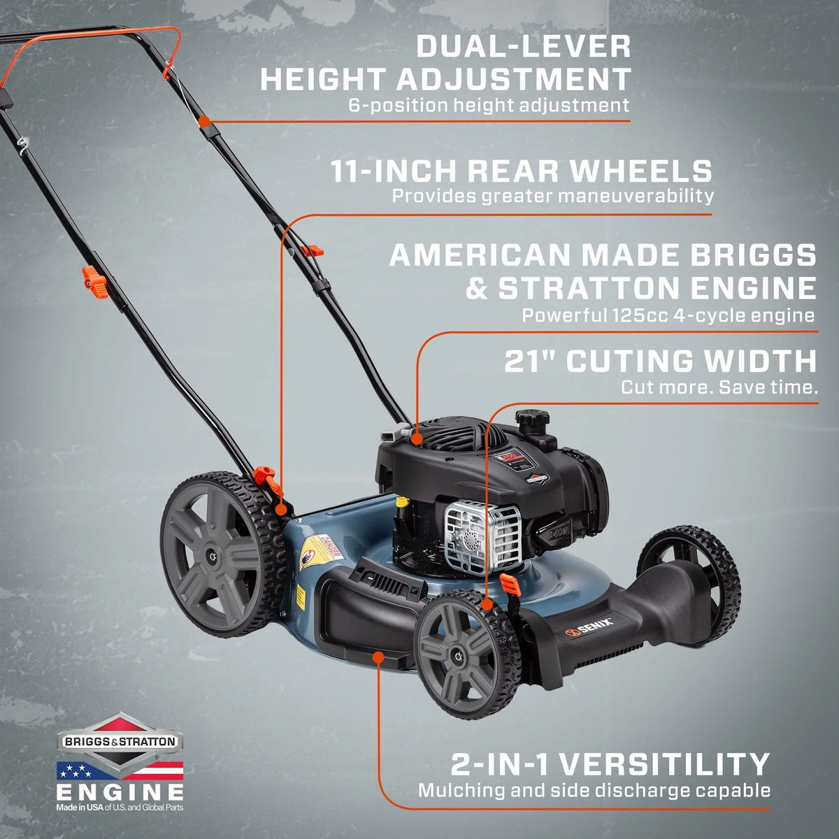 2026 NEW SENIX Gas Lawn Mower, 21-Inch, 125 cc 4-Cycle Briggs & Stratton Engine, 2-In-1 Push Lawnmower, 6-Position Height Adjustment with 11-Inch Rear Wheels, LSPG-M4, Blue