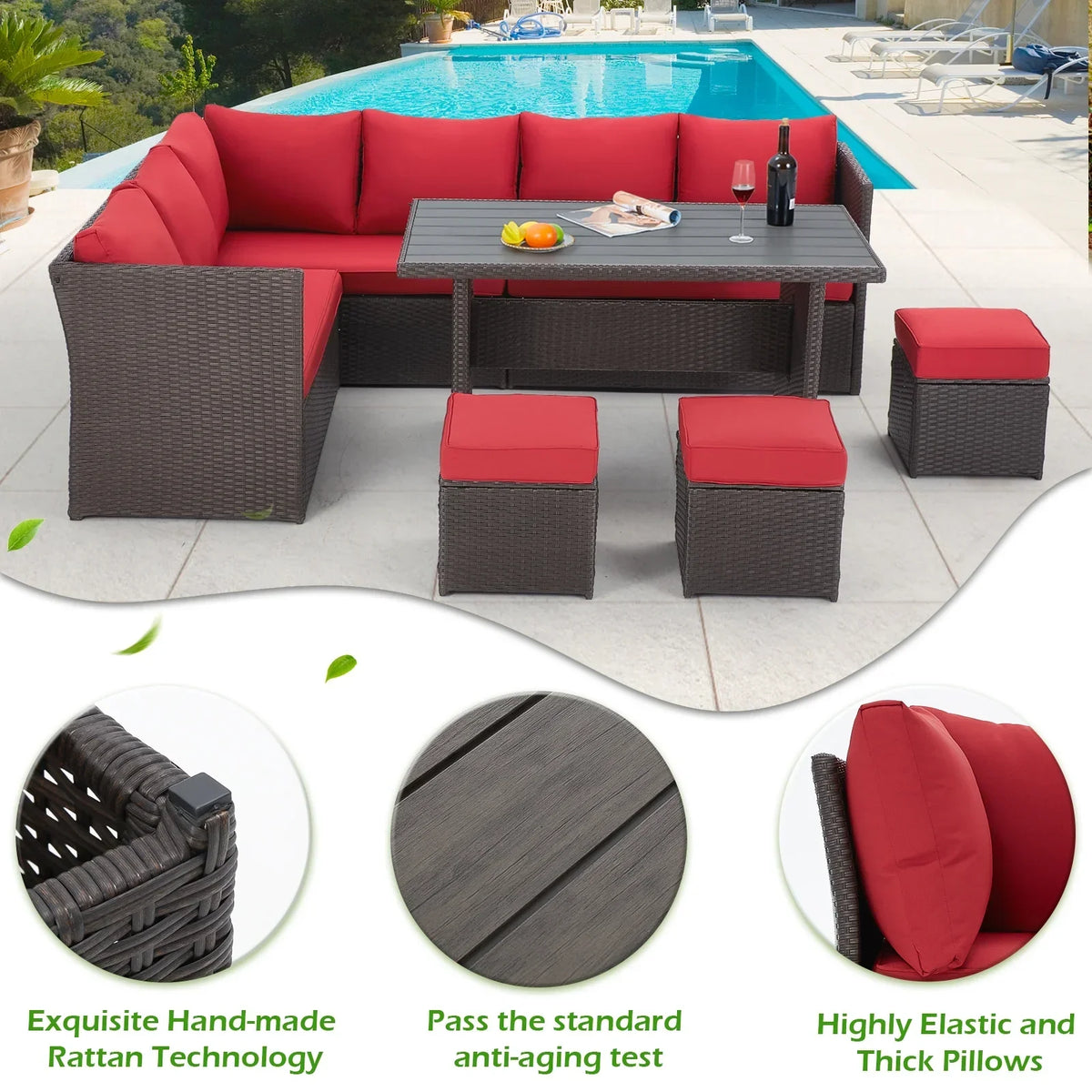 2026 NEW AECOJOY 7 Piece Patio Furniture Set PE Rattan Outdoor Dining Set Sectional Sofa Couch with Table Patio Conversation Set in Gray