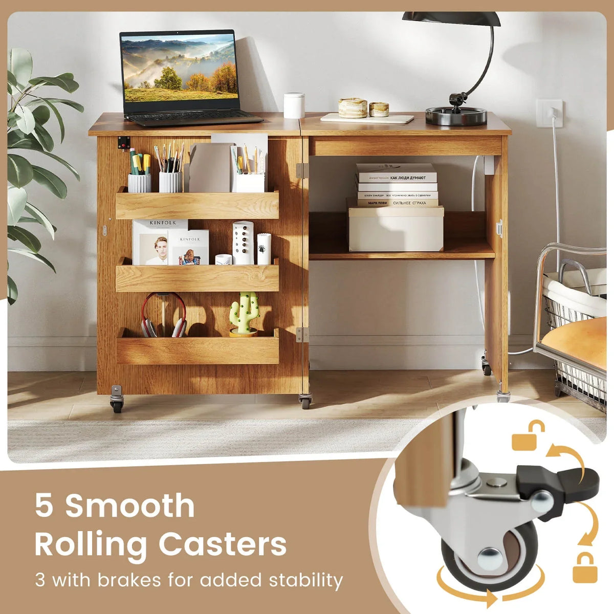2026 NEW Costway Folding Sewing Table Rolling Craft Station with 3 Storage Bins & Charging Station Natural