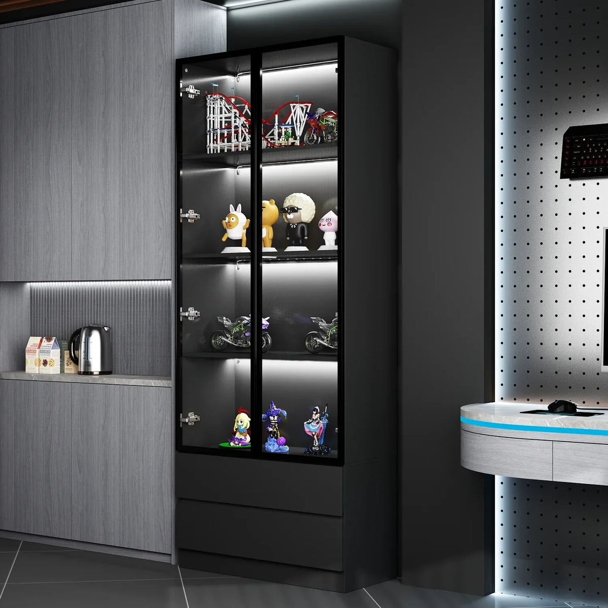 2026 NEW KULAGAGA Bookcases Organizer with LED Lights, Heavy Duty Display Cabinet with Glass Door for Living Room, 31.5" Wide