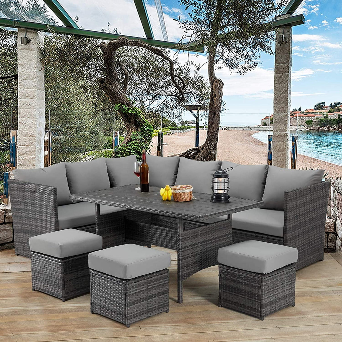 2026 NEW AECOJOY 7 Piece Patio Furniture Set PE Rattan Outdoor Dining Set Sectional Sofa Couch with Table Patio Conversation Set in Gray