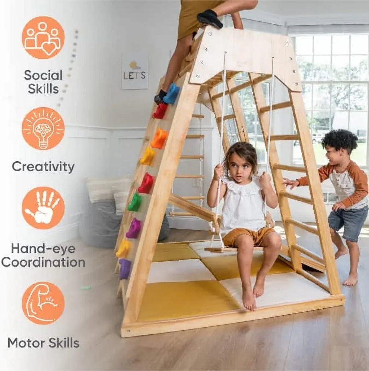 2026 NEW Avenlur Indoor Toddler and Child Indoor Gym Playground Climber - Real Wooden Playset 6-in-1 Slide, Rock Climb Wall, Rope Wall Climbing, Monkey Bars, Swing, Ladder Fun Gym for Children