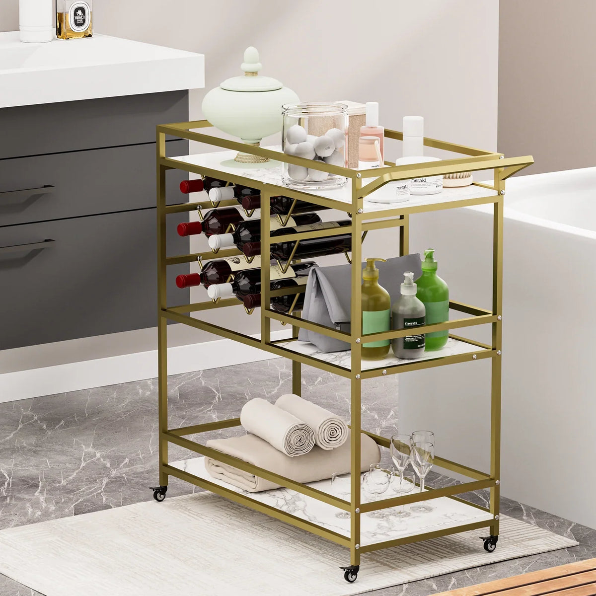 2026 NEW WHIFEA 3-Tier Home Bar Cart with Wine Rack, Mobile Serving Wine Cart on Wheels, Modern Rolling Drink Trolley for Coffee Tea Wine