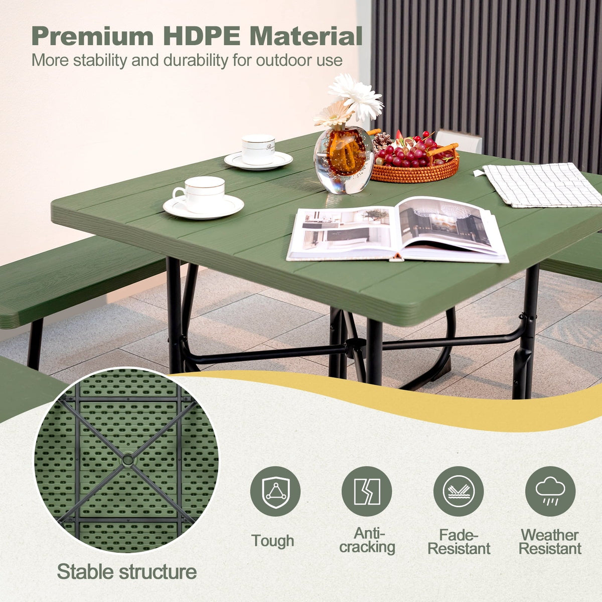 2026 NEW Gymax Outdoor Picnic Table 8-person Square Picnic Table Bench Set w/ 4 Benches & Umbrella Hole Green