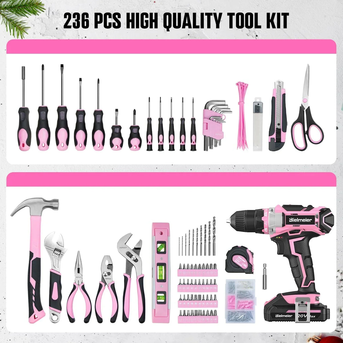 2026 NEW 20V 236Pcs Cordless Pink Drill Set - Essential Women's Pink Tool Set, Lady's Basic Home Tool Kit with Pink Tool Bag - All in One Pink Tool Kit Ideal