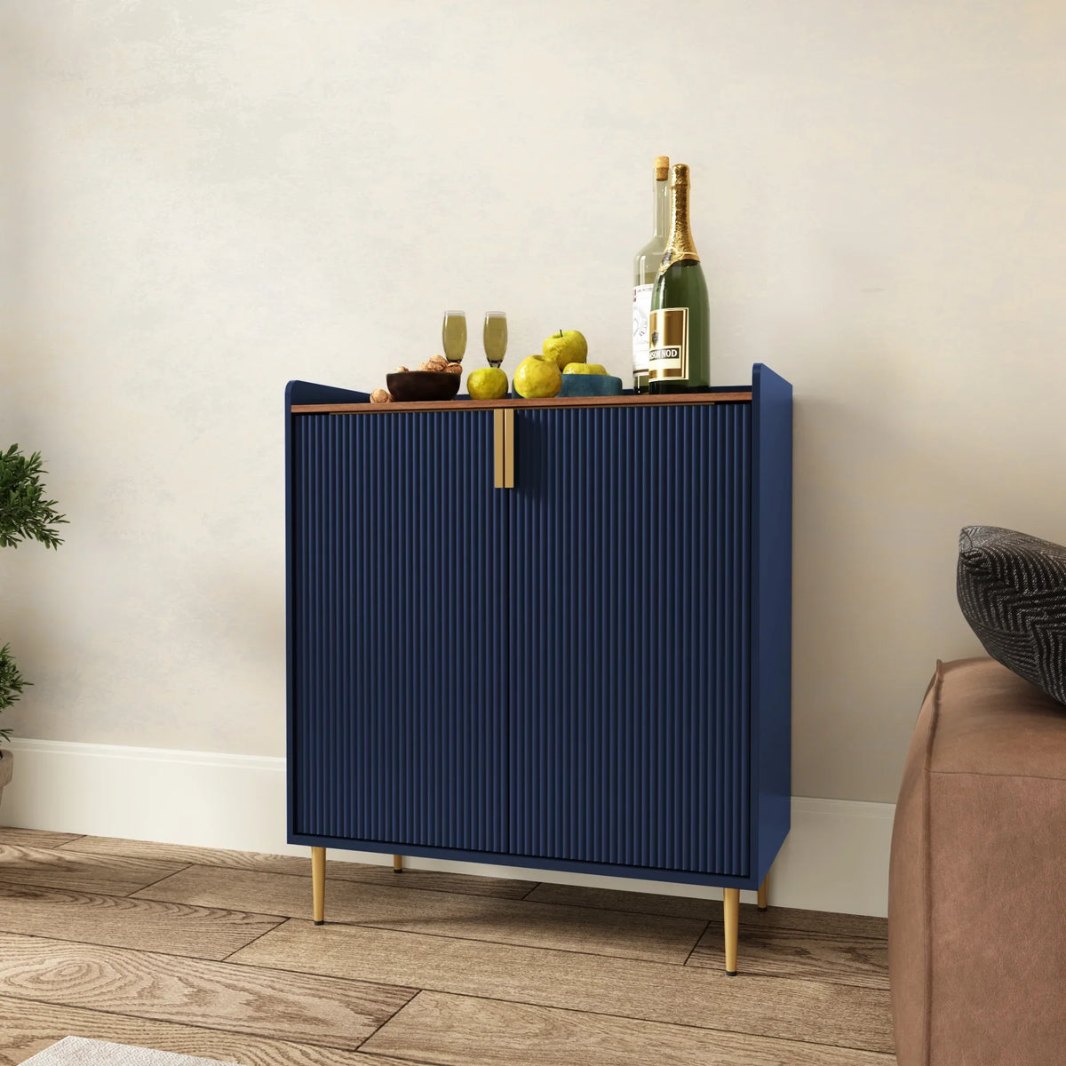 2026 NEW CBJCBJ 32" Wine Bar Cabinet with 2 Door Fluted Texture, Modern Coffee Cabinet with Rack&Glass Holder, Black