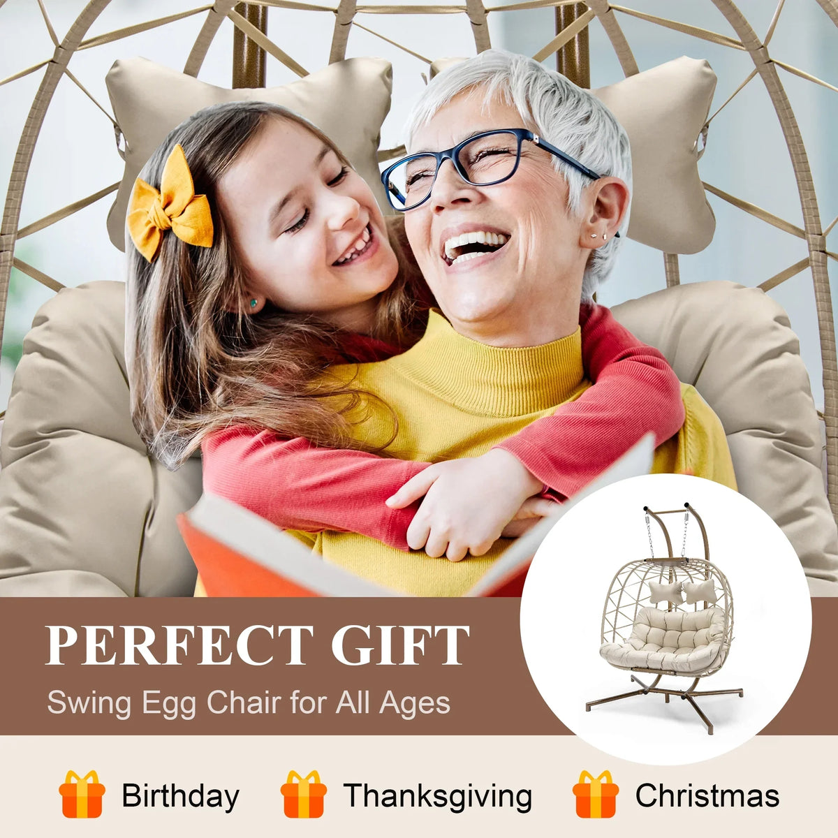 2026 NEW RADIATA Double Wicker Egg Swing Chair with Stand, 2-Person Hanging Egg Chair for Indoor/Outdoor, 700lbs Capacity, Thick Cushions & Headrest,Sturdy Metal Frame"Dark Gray
