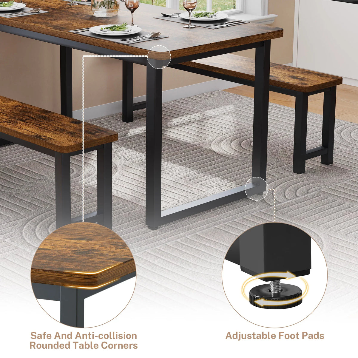 2026 NEW PORKISS Kitchen Table with 2 Benches, 3 Piece Dining Table Set, Dining Table with Faux Marble Table Top, Metal Frame, Black#