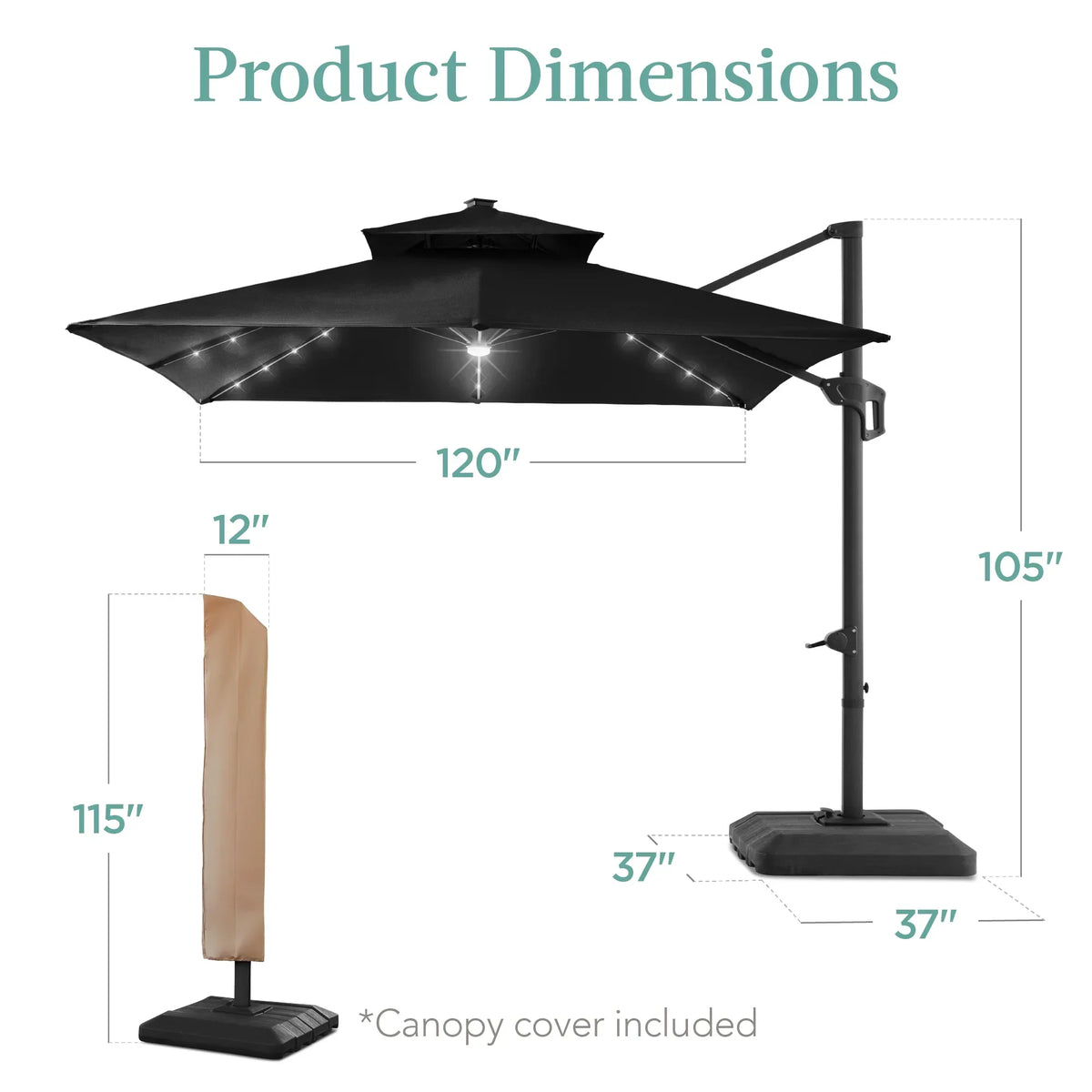 2026 NEW Best Choice Products 10x10ft 2-Tier Square Outdoor Solar LED Cantilever Patio Umbrella w/ Base Included - Tan