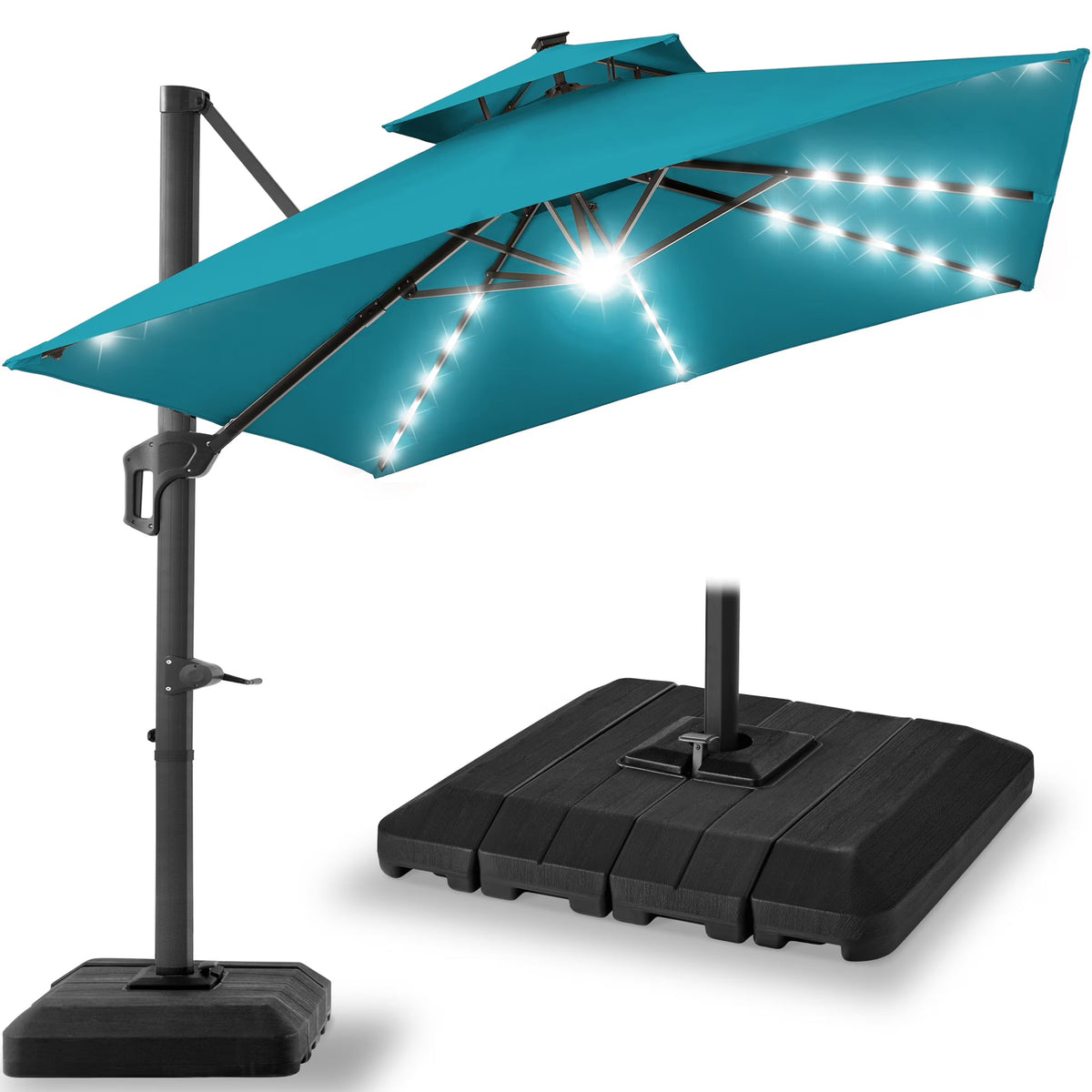 2026 NEW Best Choice Products 10x10ft 2-Tier Square Outdoor Solar LED Cantilever Patio Umbrella w/ Base Included - Tan