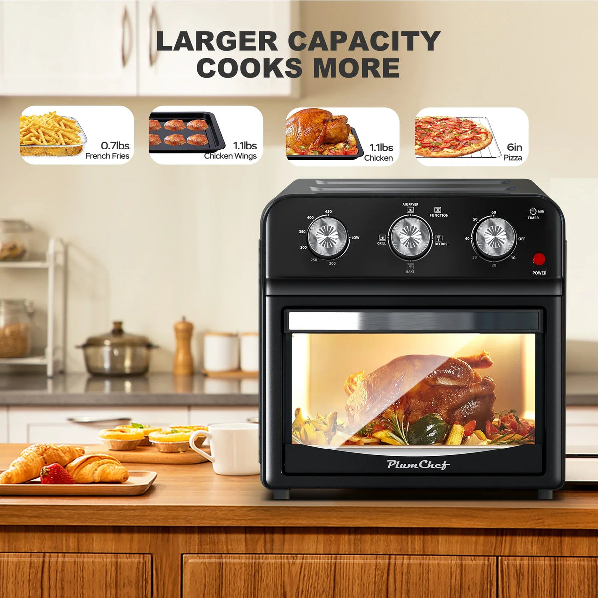 2026 NEW PlumChef 13 Quart 4 Slices Air Fryer Convection Toaster Oven, 1500W, 7 in 1 Multifunction with Roast, Bake, Grill, Broil, Toast, Dehydrate, Defrost