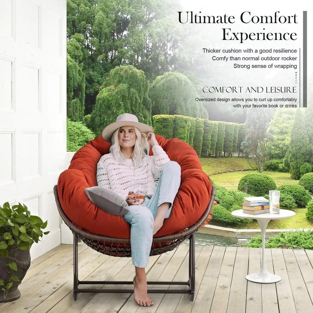 2026 NEW Outdoor Papasan Rocking Chair, Patio Oversized Wicker Egg Rocking Chair, Indoor & Outdoor Comfy Rocker Chair with Thick Cushion, Modern Lounge Chair for Front Porch, Garden, Backyard, Grey