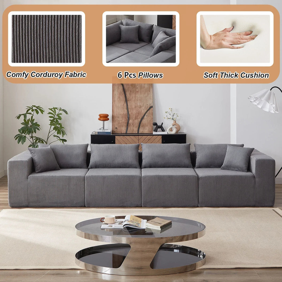 2026 NEW 104-Inch Corduroy Modular L Shaped Sectional Sofa,Luxury Floor Couch Set,Upholstered Indoor Furniture,Foam-Filled Compressed Sofa for Living Room,Bedroom,4 PC Free Combination