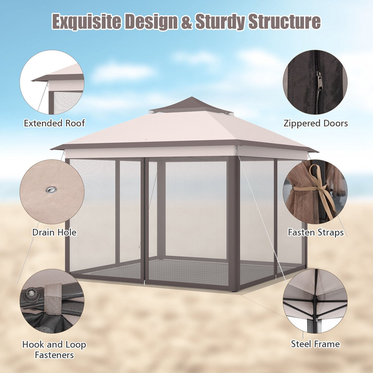 2026 NEW Gymax 11 x 11 ft Pop up Gazebo 2-Tier Patio Canopy Tent Shelter w/ Carrying Bag Beige