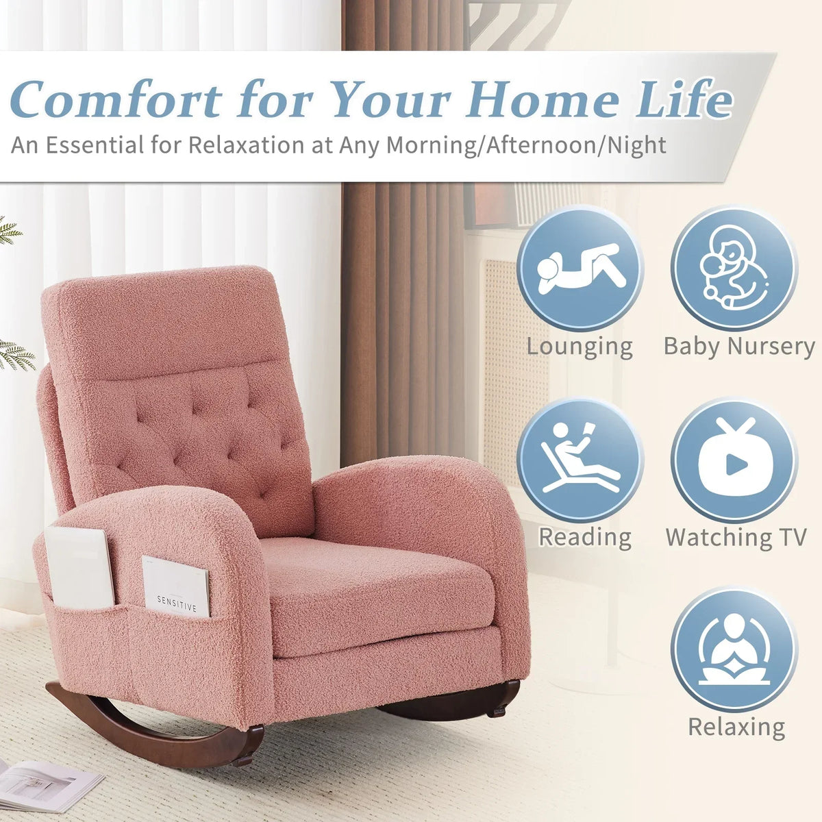 2026 NEW Ktaxon Rocking Accent Chair Glider Reading Chair Comfy Teddy Velvet Upholstered Single Sofa Rocker for Living Room, Nursery, Bedroom Beige