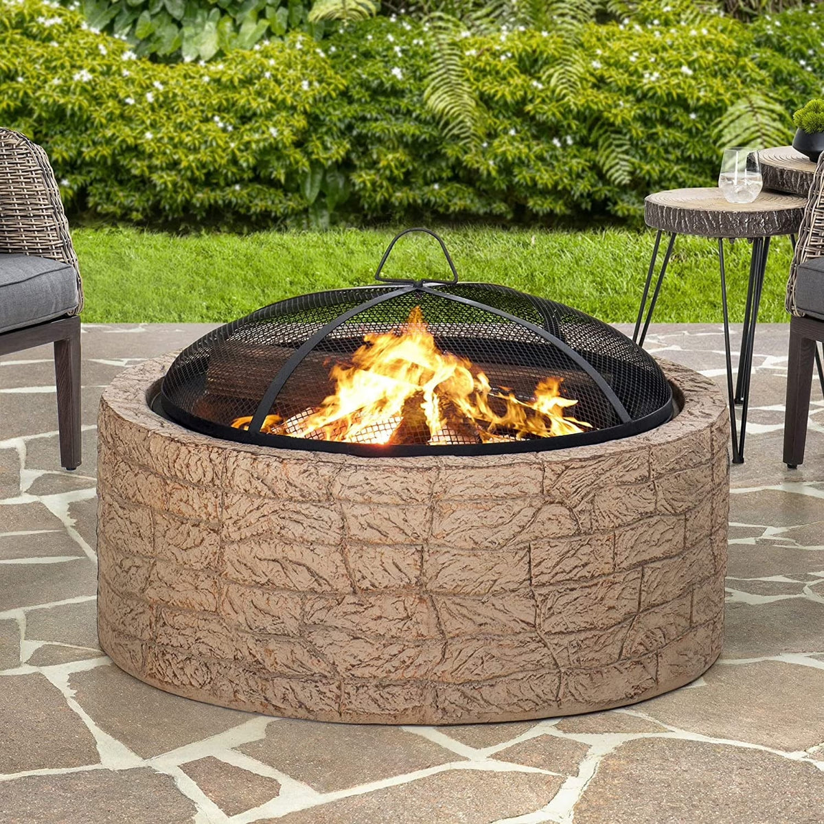 2026 NEW Sunjoy Stone Fire Pit 26 Inch, Outdoor Round Wood Burning Fire Pits with Spark Screen and Poker Grey