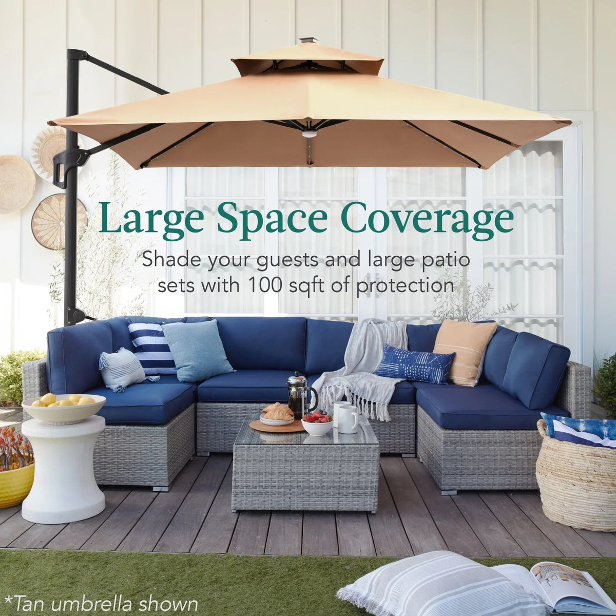 2026 NEW Best Choice Products 10x10ft 2-Tier Square Outdoor Solar LED Cantilever Patio Umbrella w/ Base Included - Tan