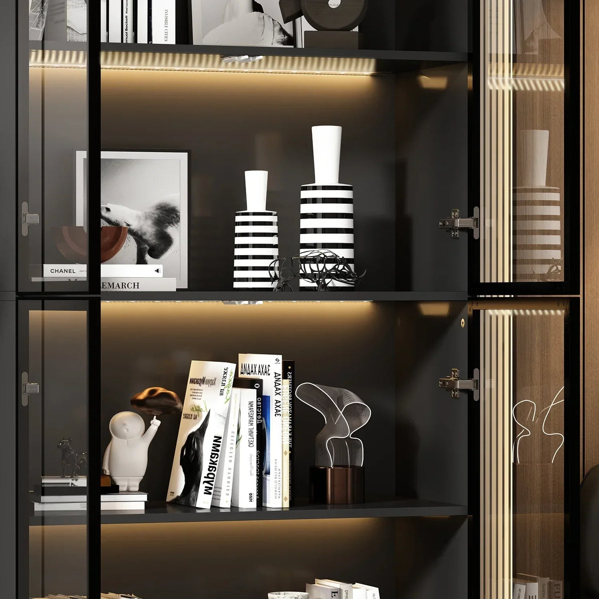2026 NEW KULAGAGA Bookcases Organizer with LED Lights, Heavy Duty Display Cabinet with Glass Door for Living Room, 31.5" Wide