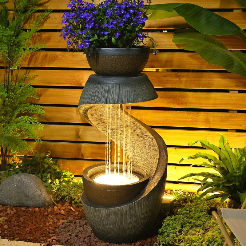 2026 NEW Outdoor Water Fountain Modern Curved Waterfall S-Shaped Freestanding Fountain with Bowl Planter for Patio Deck Garden Yard Home Decor