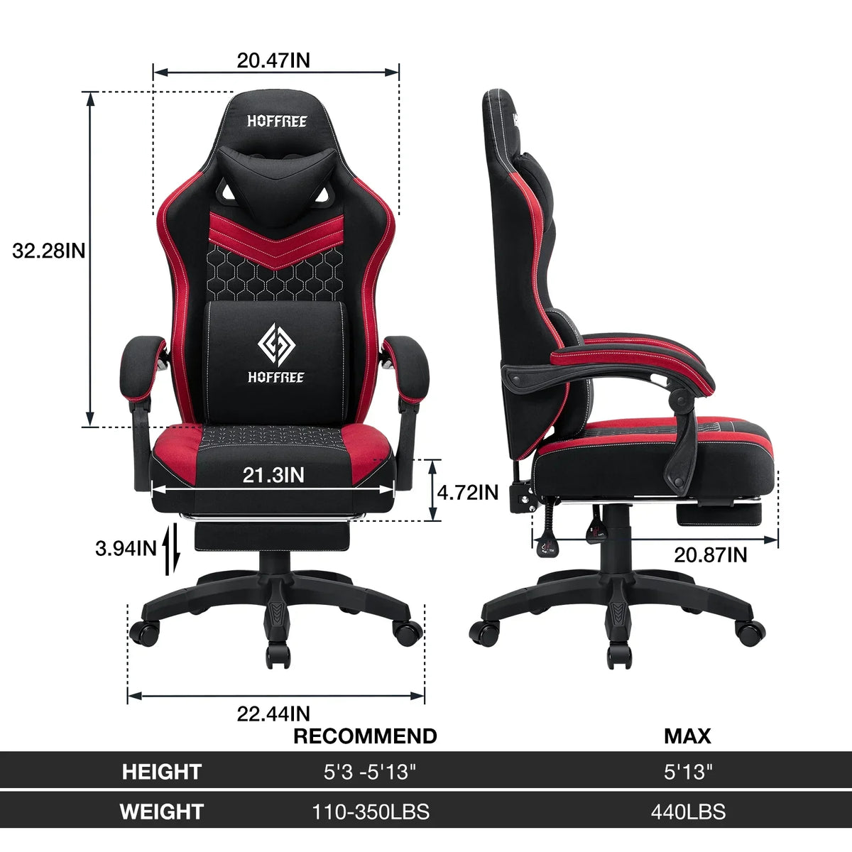 2026 NEW Hoffree Gaming Chair with Massage Fabric Office Chair with footrest for Adults, Ergonomic Gamer Chair with Headrest and Lumbar Support for Office Gaming, 440 LBS