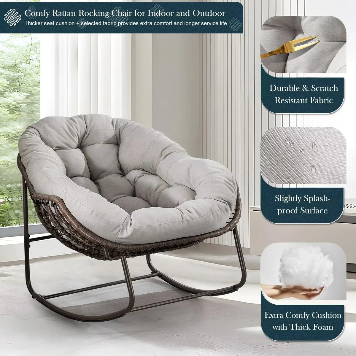 2026 NEW Outdoor Papasan Rocking Chair, Patio Oversized Wicker Egg Rocking Chair, Indoor & Outdoor Comfy Rocker Chair with Thick Cushion, Modern Lounge Chair for Front Porch, Garden, Backyard, Grey